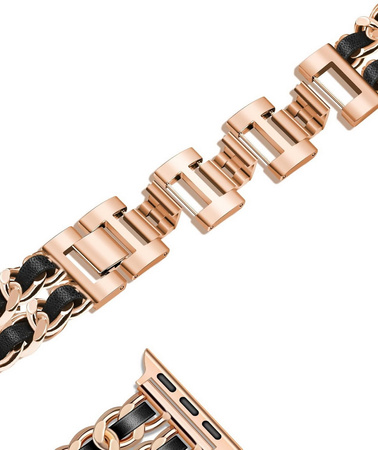 BransoletaGlow CNL Stainless Steel Leather Band  ozdobny pasek do Apple  Watch 38/40/41/42mm 1/2/3/4/5/6/7/8/9/10/SE (Rose Gold / Różowe złoto/ Czarny)