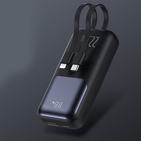 Power Bank D-Pro Dual Cable LED 2x kabel USB-C + Lightning szybkie ładowanie 22.5W QC 3.0 PD 10000mAh (Czarny)