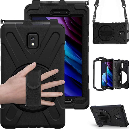 Zestaw D-Pro 360 Armor Strap Case etui pancerne z uchwytem na rękę i paskiem na ramię do Samsung Galaxy Tab Active 5 (X300/X306B) 2024 + szkło ochronne i ładowarka z kablem 