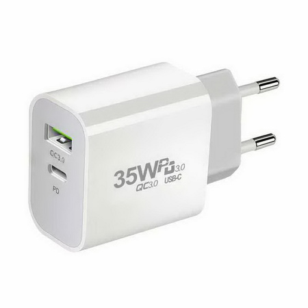 Ładowarka sieciowa zasilacz adapter USB-A + USB-C 35W PD do szybkiego ładowania (Biały)