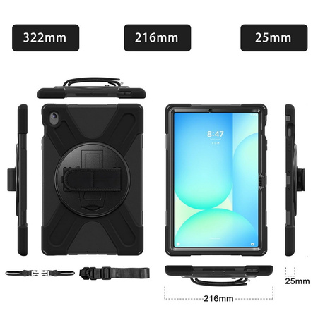 Etui D-Pro 360 Armor Strap Case obudowa pancerna z uchwytem na rękę i paskiem na ramię do Samsung Galaxy Tab S10 FE Plus 13.1" 2025 SM-X620/X626 (Czarny)