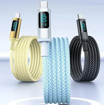 Kabel przewód USB-C do USB-C Type-C z wyświetlaczem LED do szybkiego ładowania PD 100W nylonowy oplot 200cm 2m (Biały)