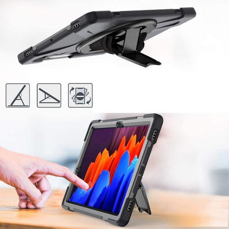 D-Pro 360 Armor Strap Case etui pancerne z uchwytem na rękę i paskiem na ramię do Samsung Galaxy Tab S7 2020 (SM-T870/T875/T878) / S8 2021 (SM-X706) / S9 2023 (SM-X710/X716/X718) / S9 FE (SM-X510/X516/X518) / S10 FE (SM-X520/X526)
