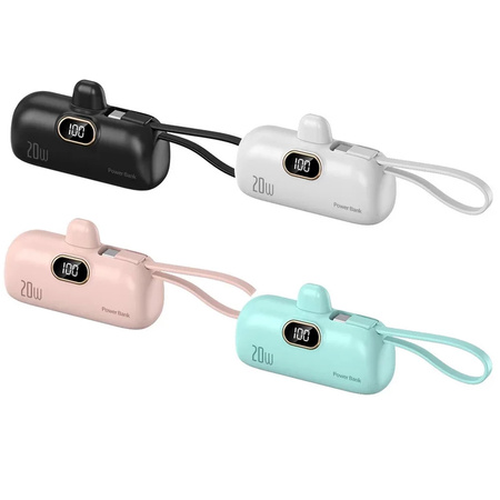 Powerbank D-Pro Mini Capsule LED USB-C + kabel Lightning mały poręczny kieszonkowy breloczek 5000mAh (Czarny)