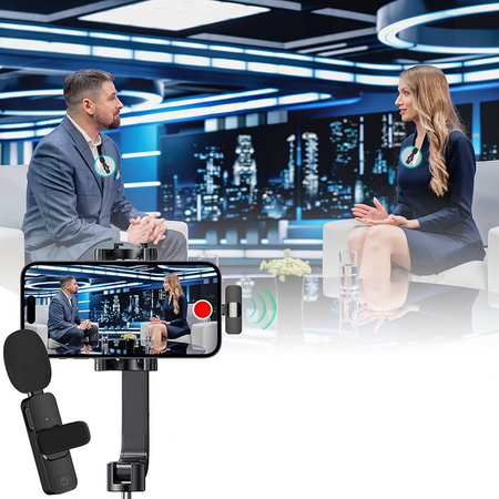 Mikrofon zewnętrzny krawatowy bezprzewodowy z odbiornikiem USB-C Typ-C + Adapter do Apple Lightning iPhone Android + DeadCat osłona przeciwwietrzna Vlog Podcast YouTube TikTok Stream Transmisja (2 szt.)
