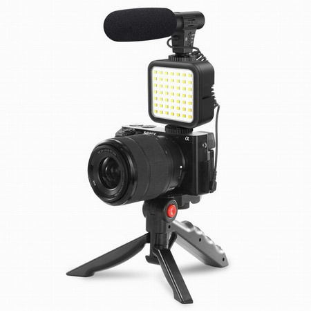 Zestaw Vlog Podcast YouTube do telefonu kamery aparatu lampa LED mikrofon uchwyt statyw pilot (Czarny) + adapter USB-C