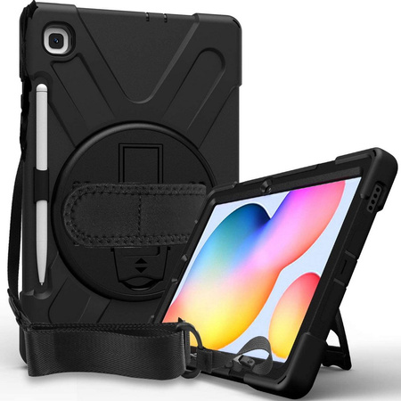 Zestaw D-Pro 360 Armor Strap Case etui pancerne z uchwytem na rękę i paskiem na ramię do Samsung Galaxy Tab S6 Lite 10.4" P610/P615 2020 P613/P619 2022 SM-P620/SM-P625 2024 + szkło ochronne