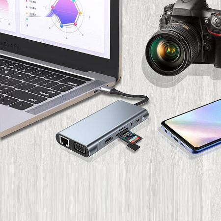 Adapter Hub D-Pro 11w1 przejściówka rozdzielacz USB-C do HDMI 4K UHD / USB Type-C PD / USB 2.0 3.0 / SD / TF / RJ45 LAN 100Mbps / VGA / Audio Mini Jack 3.5mm (Space Gray / Szary)