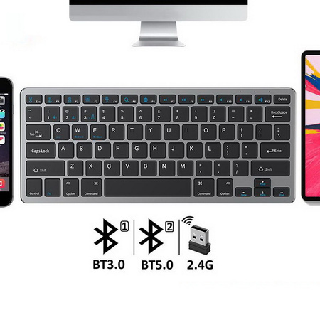 Klawiatura bezprzewodowa Bluetooth 3.0 / 5.0 / 2.4G USB do komputera PC Macbook iMac iPad Windows Android Smart TV (Space Gray / Szary)