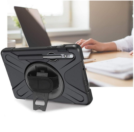 D-Pro 360 Armor Strap Case etui pancerne z uchwytem na rękę i paskiem na ramię do Samsung Galaxy Tab S7 2020 (SM-T870/T875/T878) / S8 2021 (SM-X706) / S9 2023 (SM-X710/X716/X718) / S9 FE (SM-X510/X516/X518) / S10 FE (SM-X520/X526)