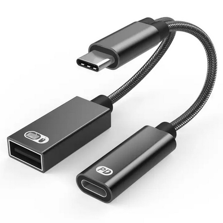 Adapter Splitter rozdzielacz przejściówka 2w1 USB-C OTG 60W PD USB-A 2.0 (Space Gray)