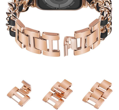 BransoletaGlow CNL Stainless Steel Leather Band  ozdobny pasek do Apple  Watch 38/40/41/42mm 1/2/3/4/5/6/7/8/9/10/SE (Rose Gold / Różowe złoto/ Czarny)
