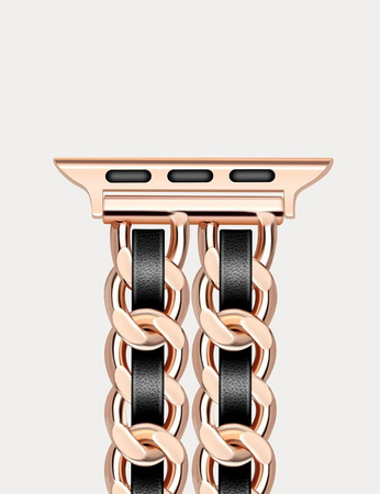 Bransoleta Glow CNL Stainless Steel Leather Band ozdobny pasek do Apple Watch 4/5/6/7/8/9/10/11/SE 1/2/3 40/41/42mm (Rose Gold / Różowe złoto/ Czarny)