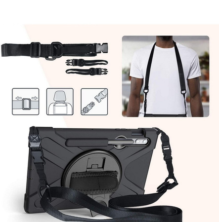 Etui D-Pro 360 Armor Strap Case obudowa pancerna z uchwytem na rękę i paskiem na ramię z wbudowaną folią na ekran do Samsung Galaxy Tab S10 FE 10.9" (SM-X520 / SM-X526) 2025