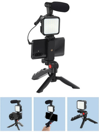 Zestaw Vlog Podcast YouTube do telefonu kamery aparatu lampa LED mikrofon uchwyt statyw pilot (Czarny) + adapter USB-C